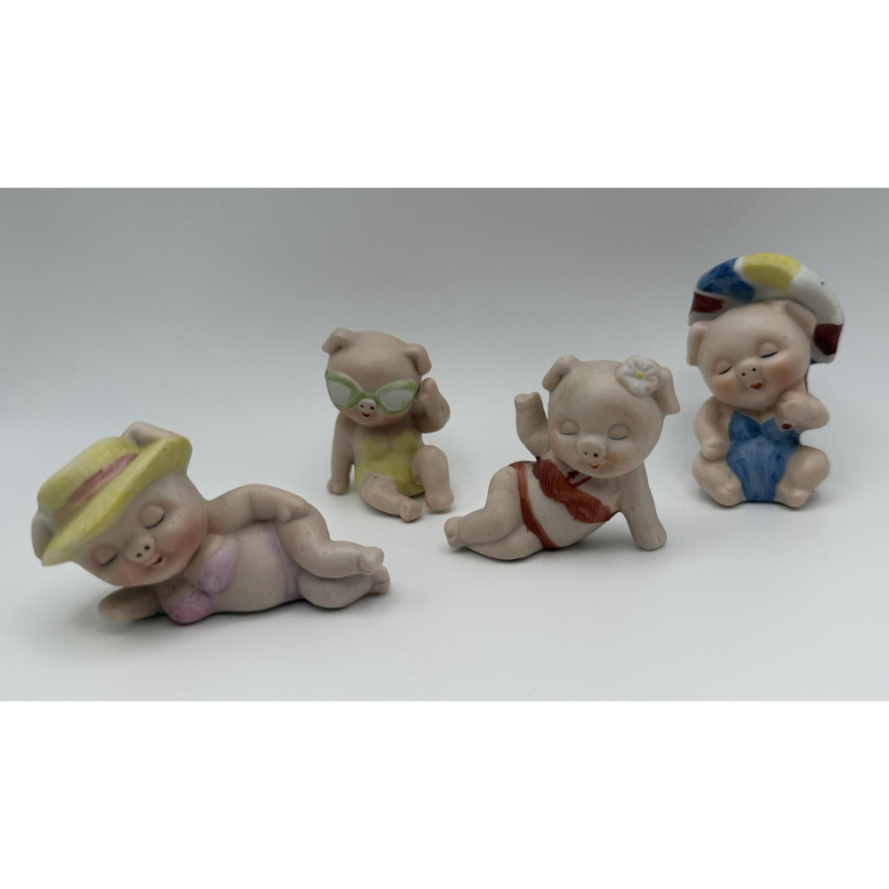 Vintage Enesco Porcelain Pig Figurines Set of 4 Bathing Suit Beach Pigs